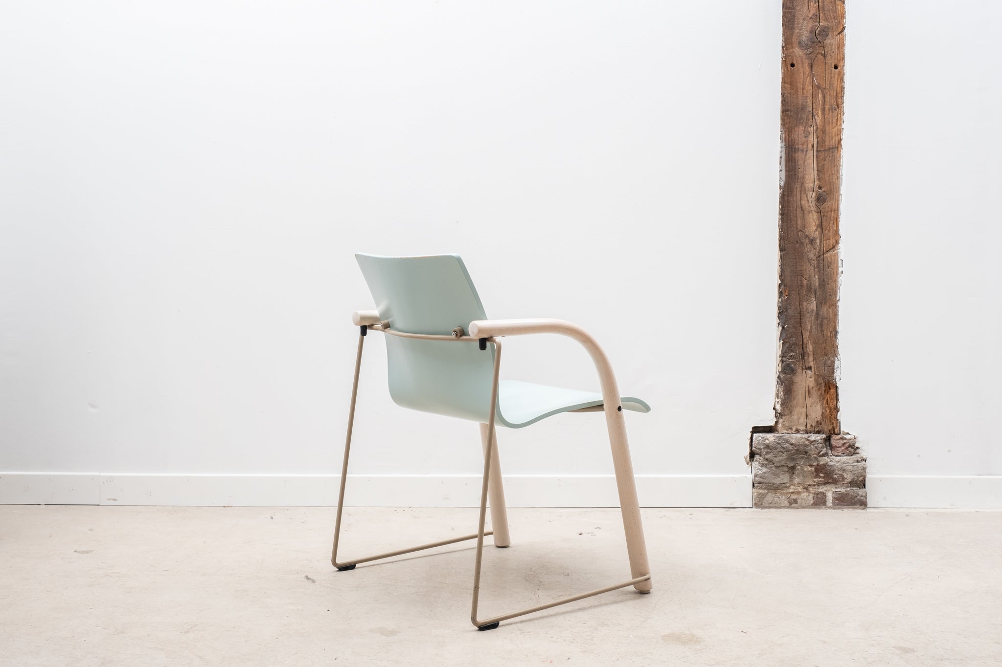 Thonet S320 armchair in sky blue wood with white armrests