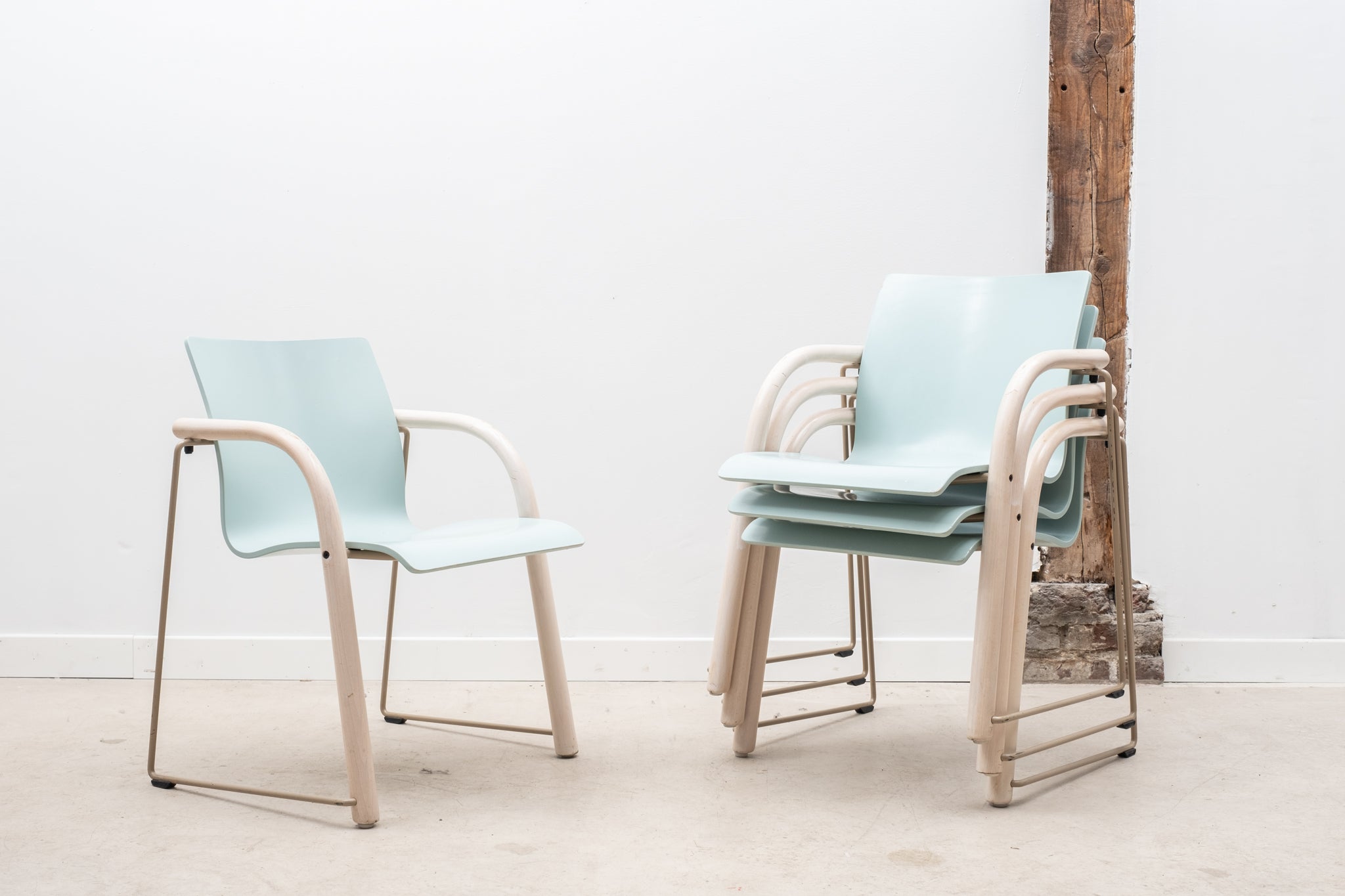 Thonet S320 armchair in sky blue wood with white armrests