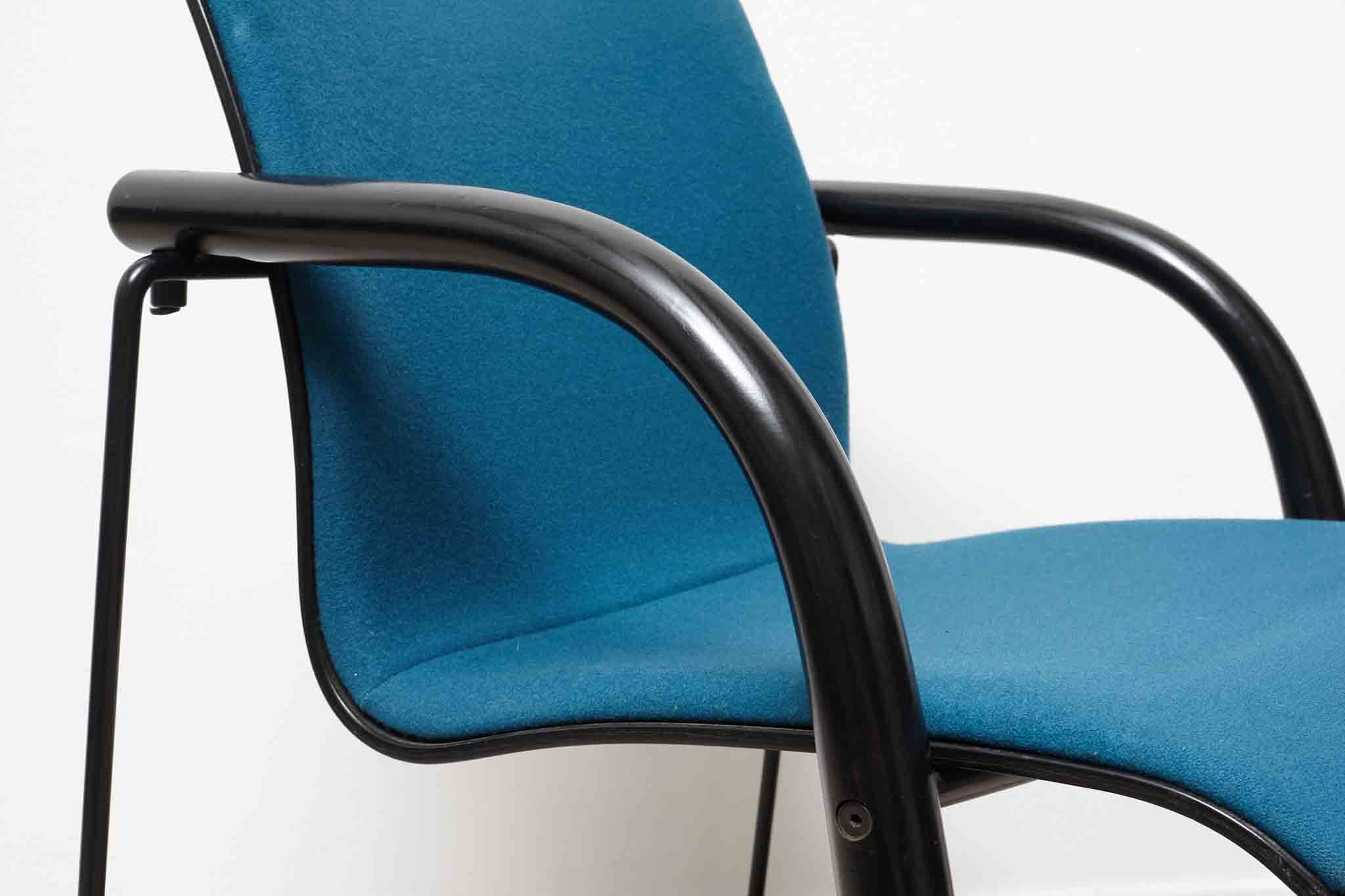 Thonet S320 armchair in sky blue wood with white armrests