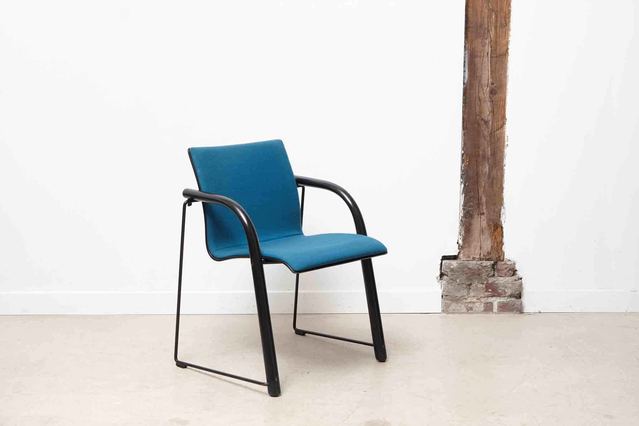 Thonet S320 armchair in sky blue wood with white armrests