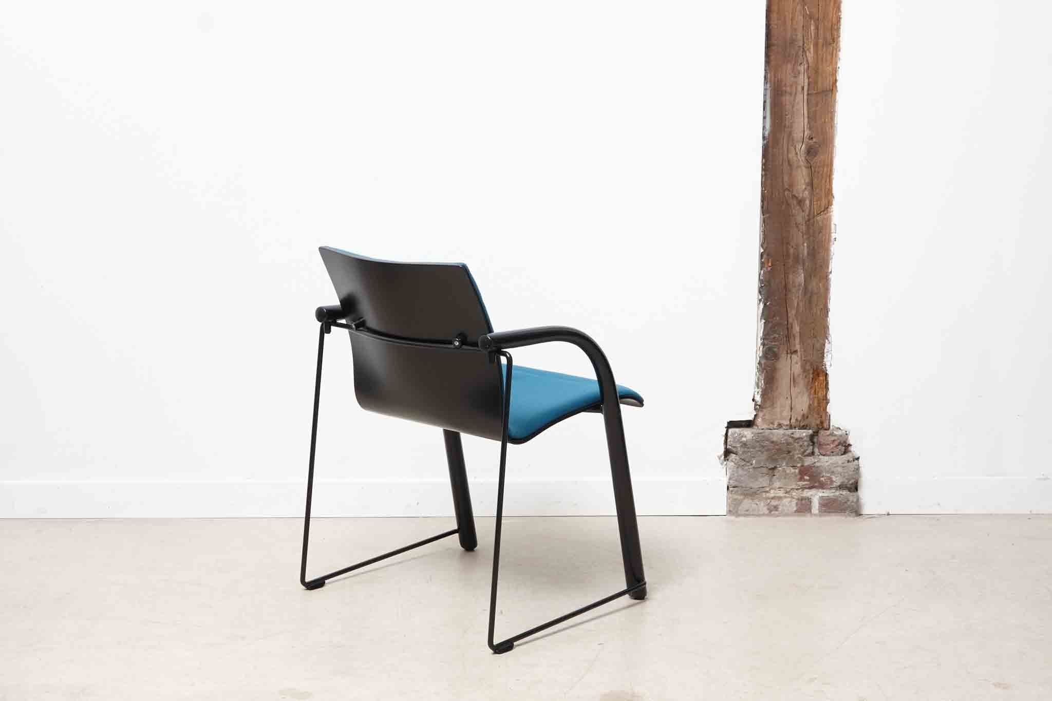 Thonet S320 armchair in sky blue wood with white armrests