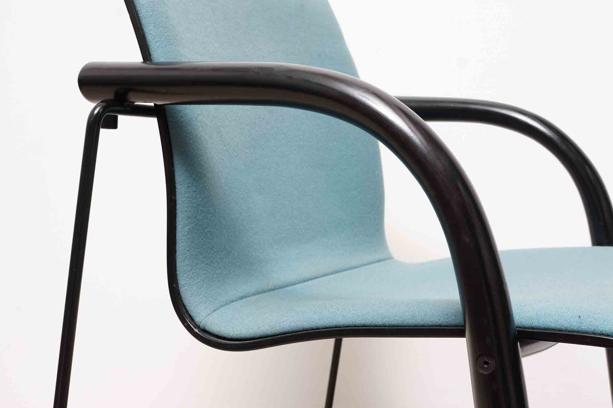 Thonet S320 armchair in sky blue wood with white armrests