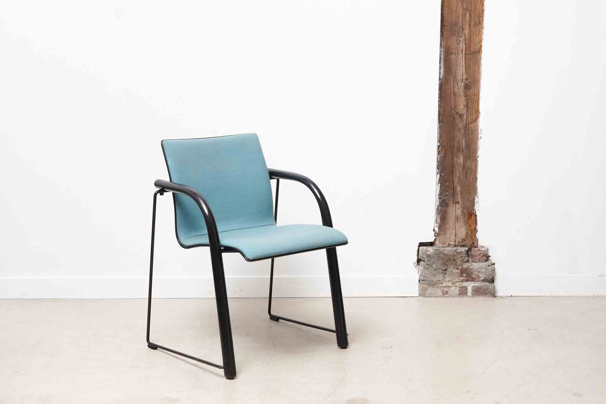 Thonet S320 armchair in sky blue wood with white armrests