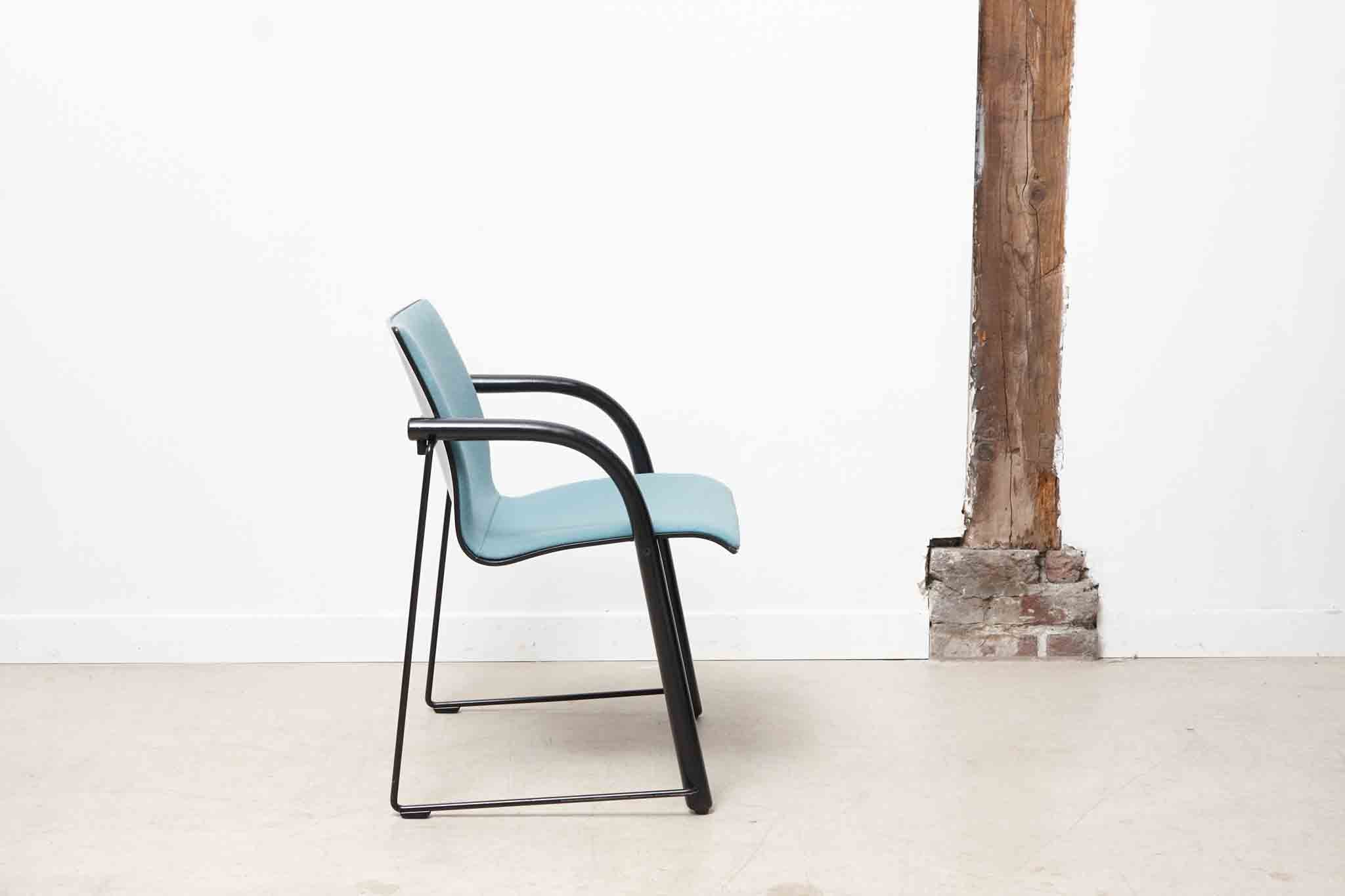 Thonet S320 armchair in sky blue wood with white armrests
