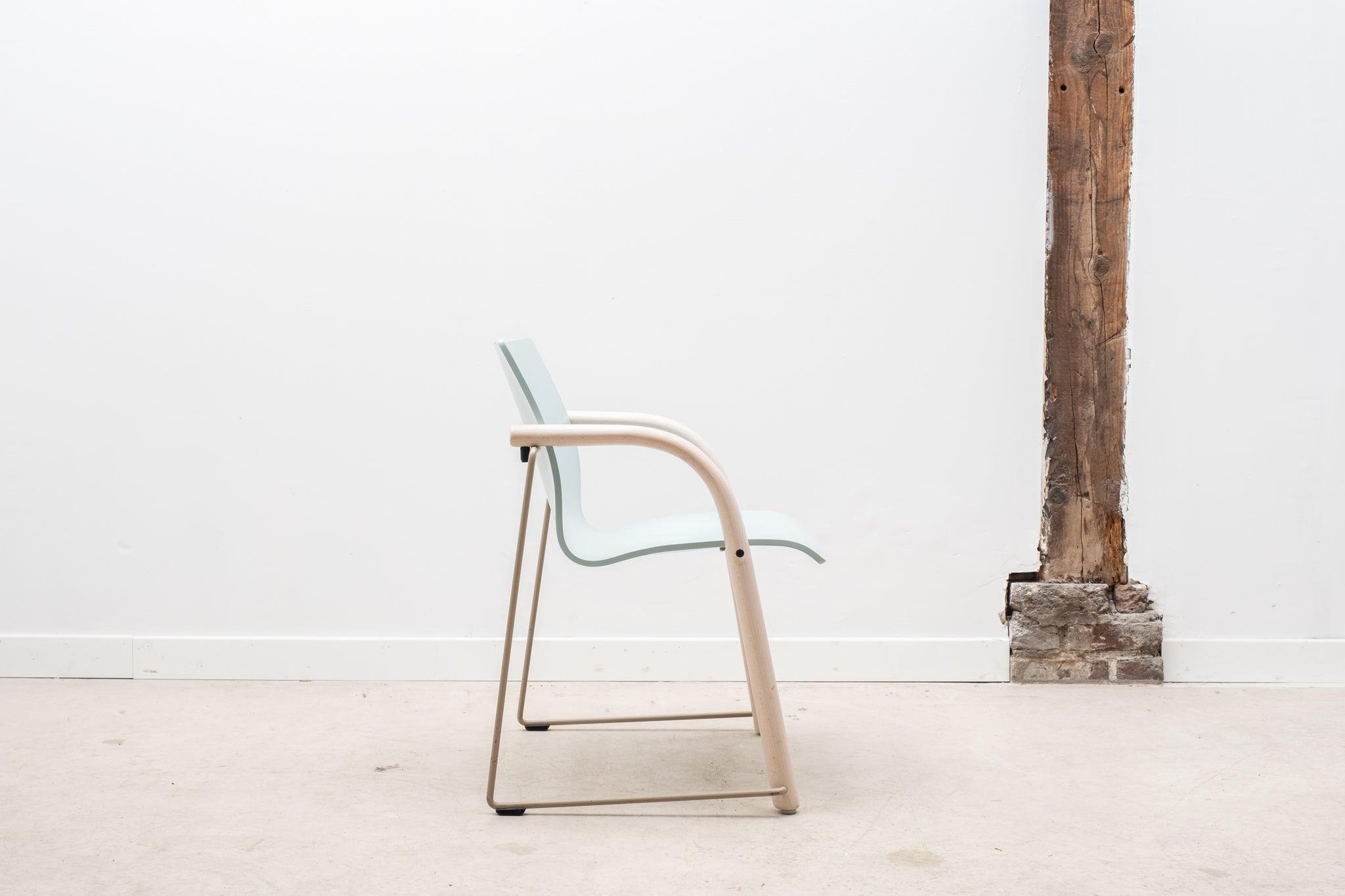Thonet S320 armchair in sky blue wood with white armrests